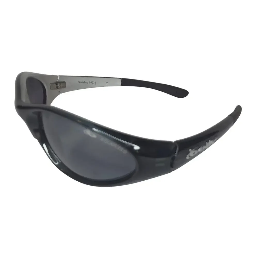 Vintage Bollé Swisher 10236 Polarized Sunglasses Black Silver Wrap Sport Y2K
